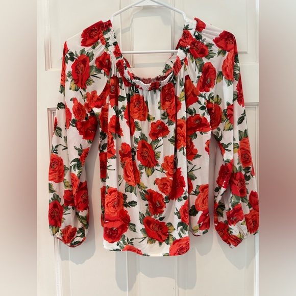 Forever 21 Rose Floral Print Off-the-Shoulder Flowy Top – White/Red – Size S/M - Picture 12 of 16